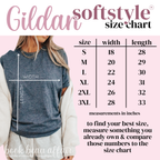 Gildan Softstyle size chart with measurements and a person wearing a gray shirt.