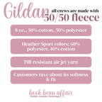 Gildan fleece information card with text about fabric composition and features on a white background.
