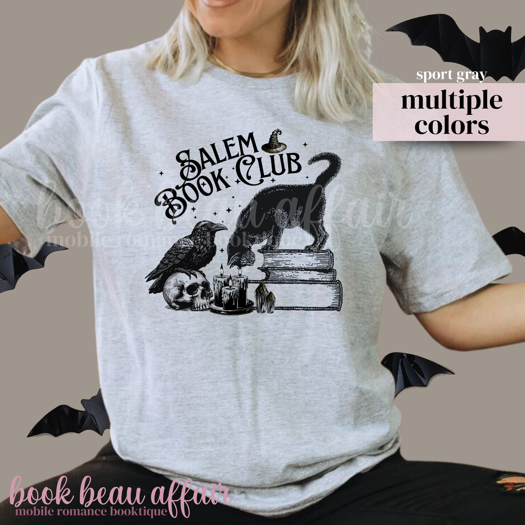 Gray t-shirt with 'Salem Book Club' design featuring a black cat, raven, and books.