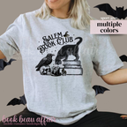Gray t-shirt with 'Salem Book Club' design featuring a black cat, raven, and books.