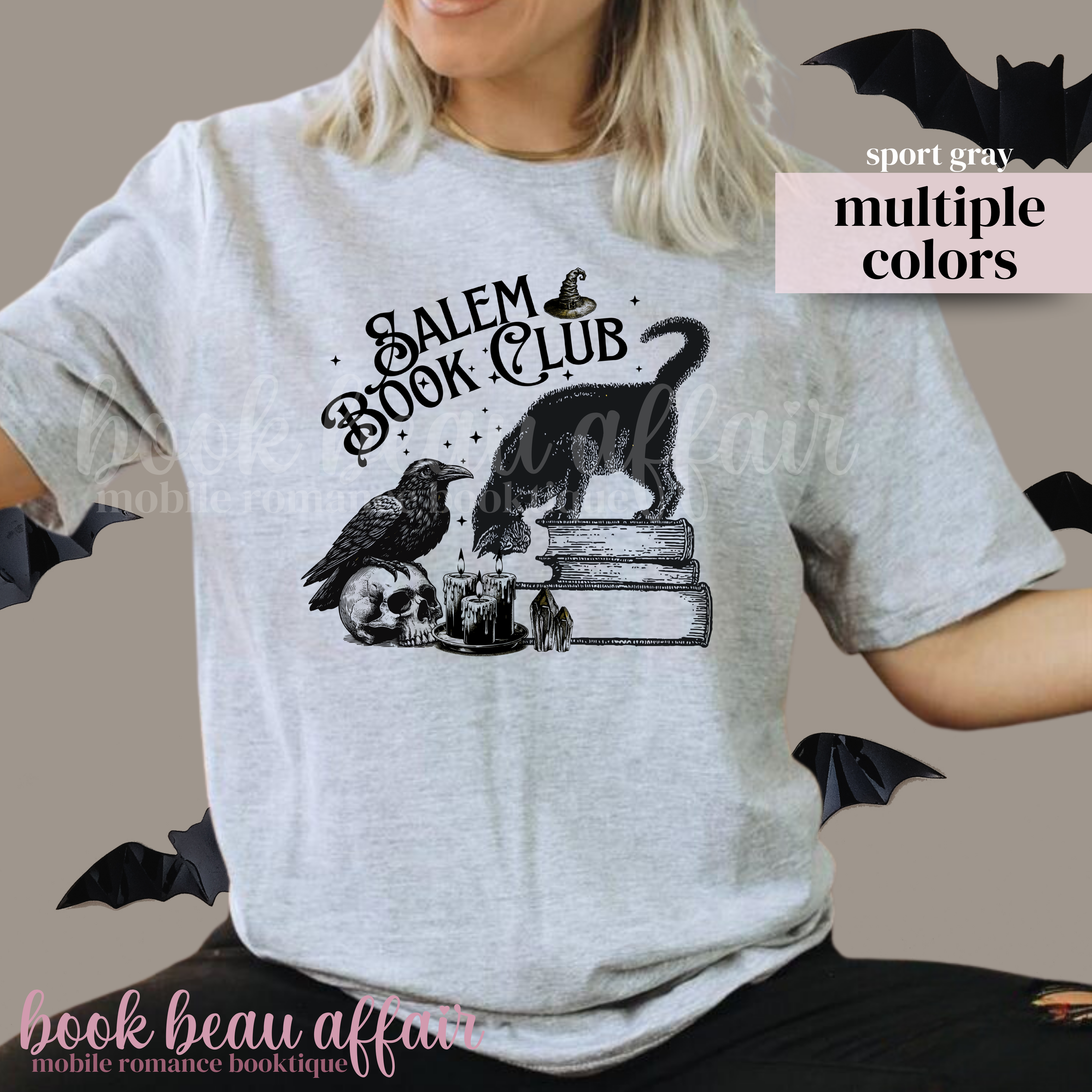 Gray t-shirt with 'Salem Book Club' design featuring a black cat, raven, and books.