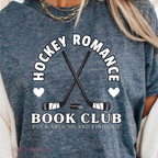 Close up of Hockey Romance Book Club graphic tee with 'Puck Around and Find Out' text. funny hockey romance tee for book lovers and sports romance fans. Heather Navy.
