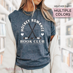 Hockey Romance Book Club graphic tee with 'Puck Around and Find Out' text. funny hockey romance tee for book lovers and sports romance fans. Heather Navy.