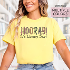 Yellow tshirt that says Hooray its library day