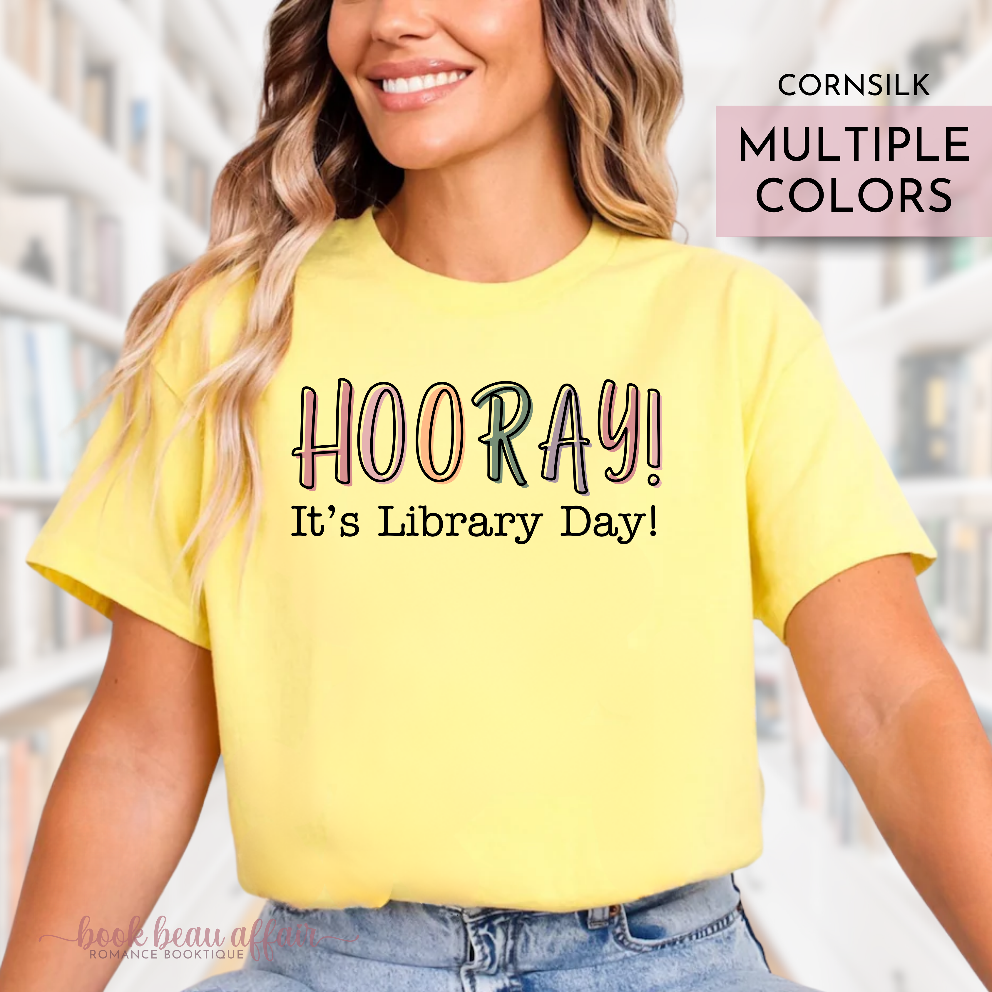 Yellow tshirt that says Hooray its library day