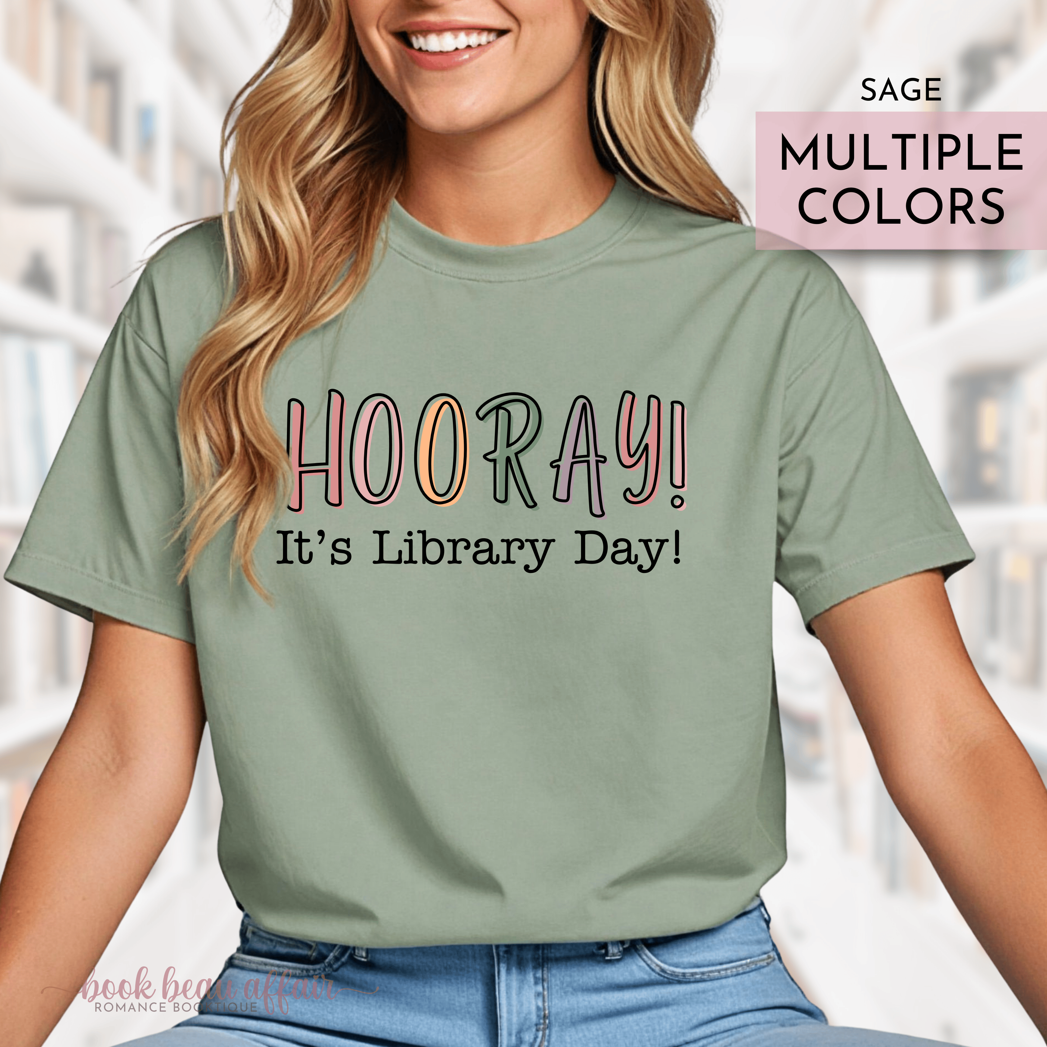 green tshirt that says hooray it's library day
