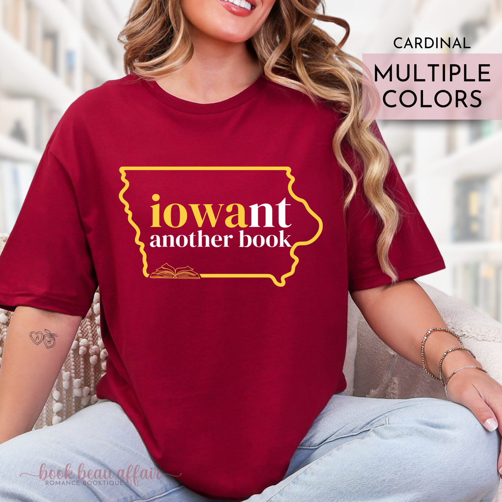 Person wearing a red t-shirt that says Iowa-nt another book in Iowa State Cyclones colors