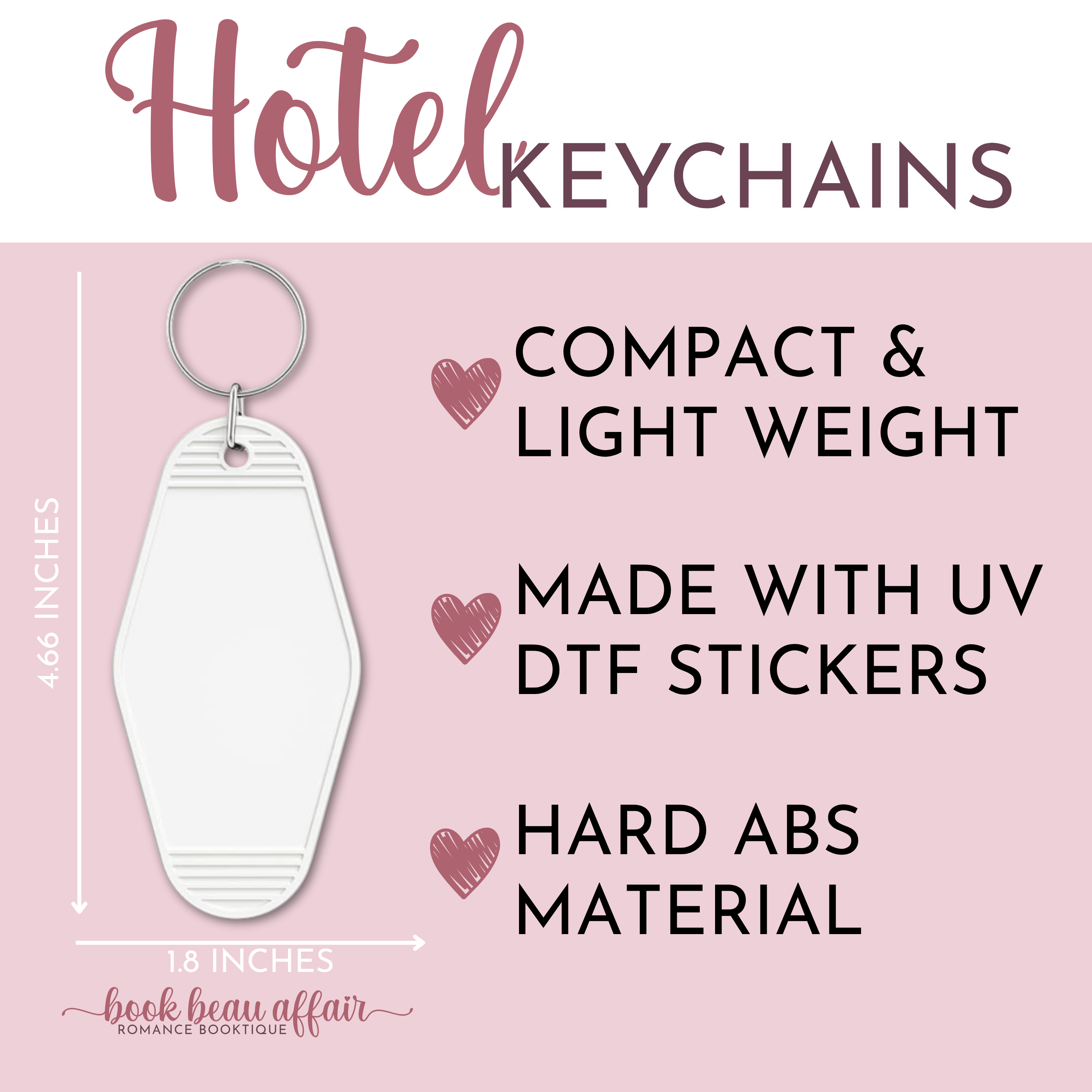 Hotel keychain with product features on a pink background