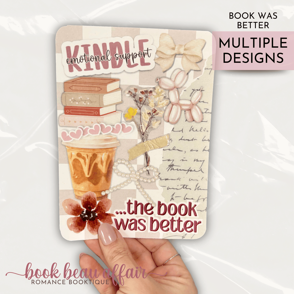 Kindle insert with text "Emotional Support Kindle" and "...the book was better" plus a pearl bow, florals, and a balloon dog 
