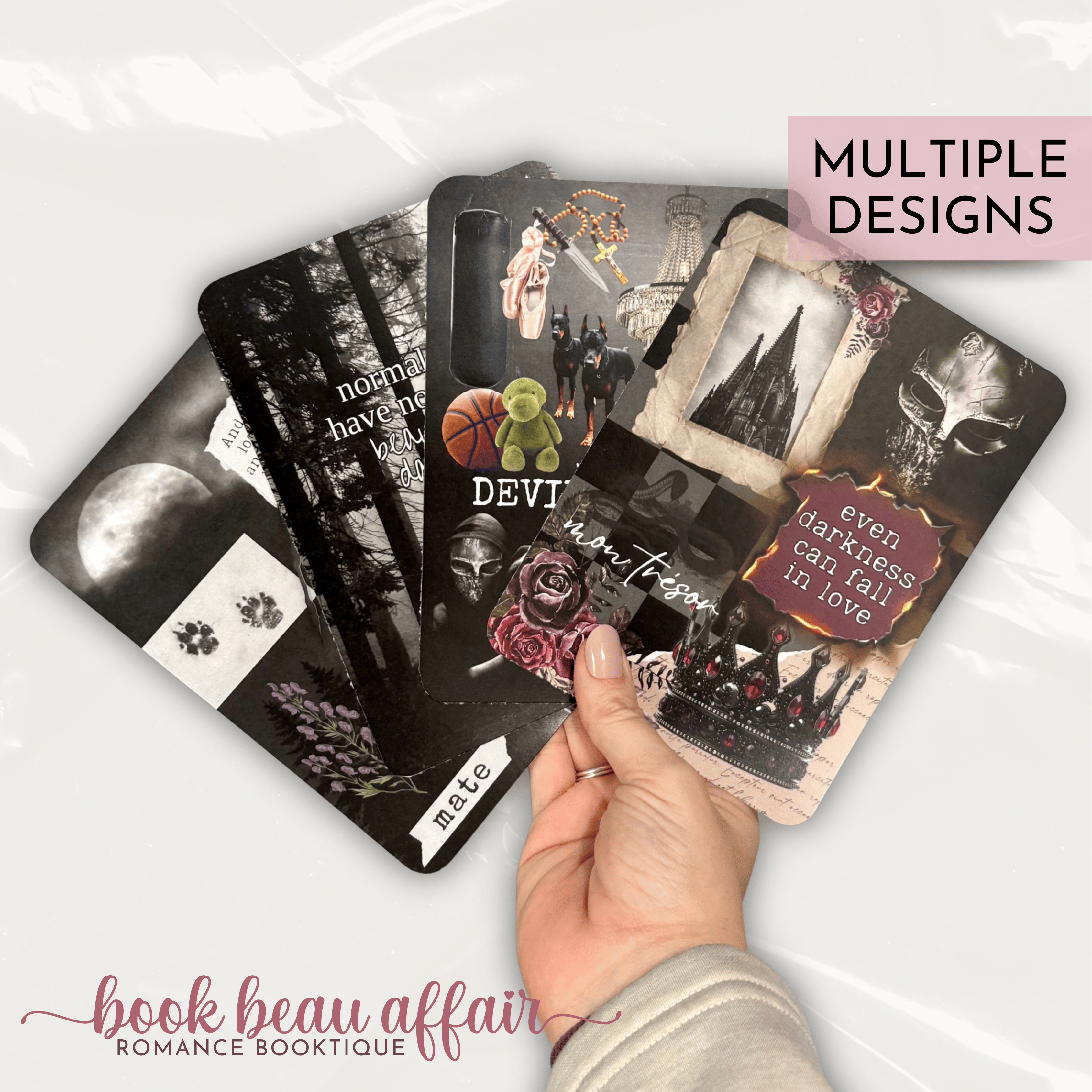 A group of four dark romance themed kindle case inserts