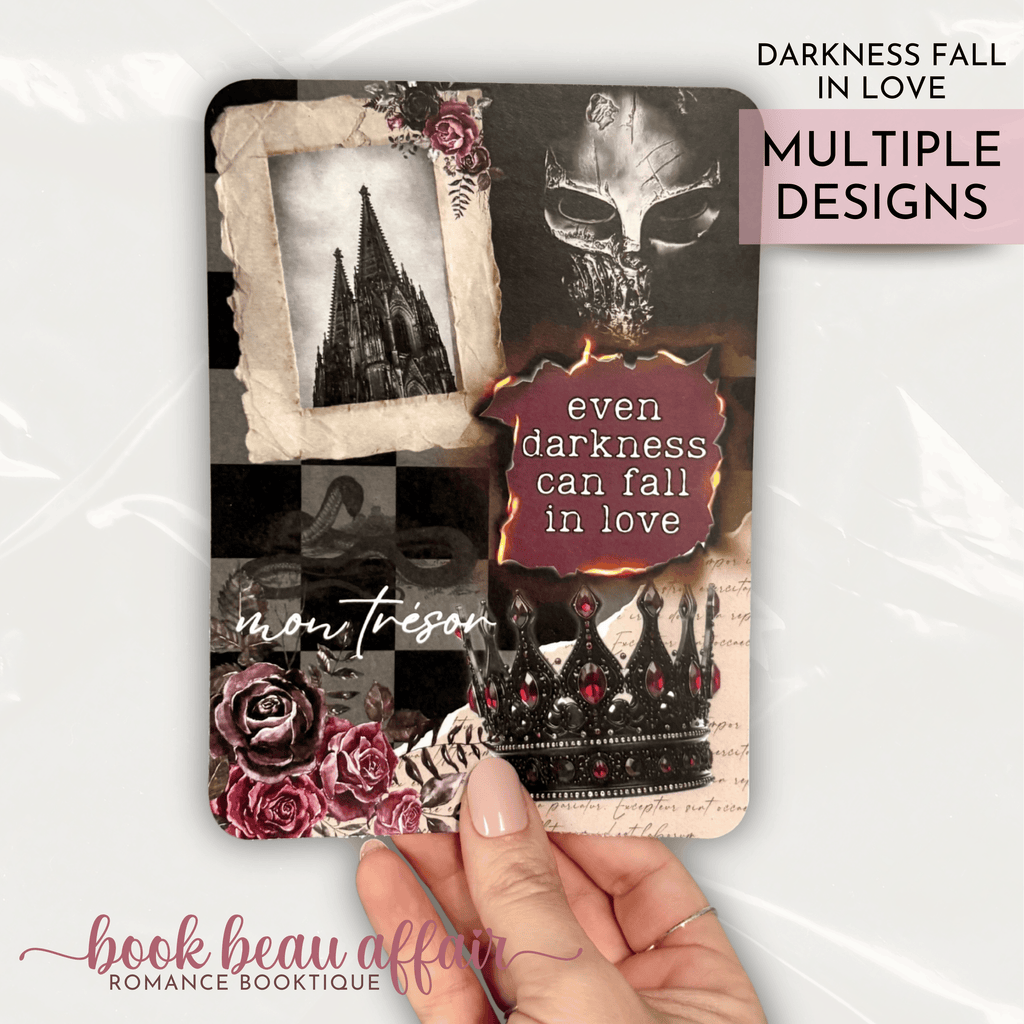 Gothic themed kindle case insert that says 'even darkness can fall in love'