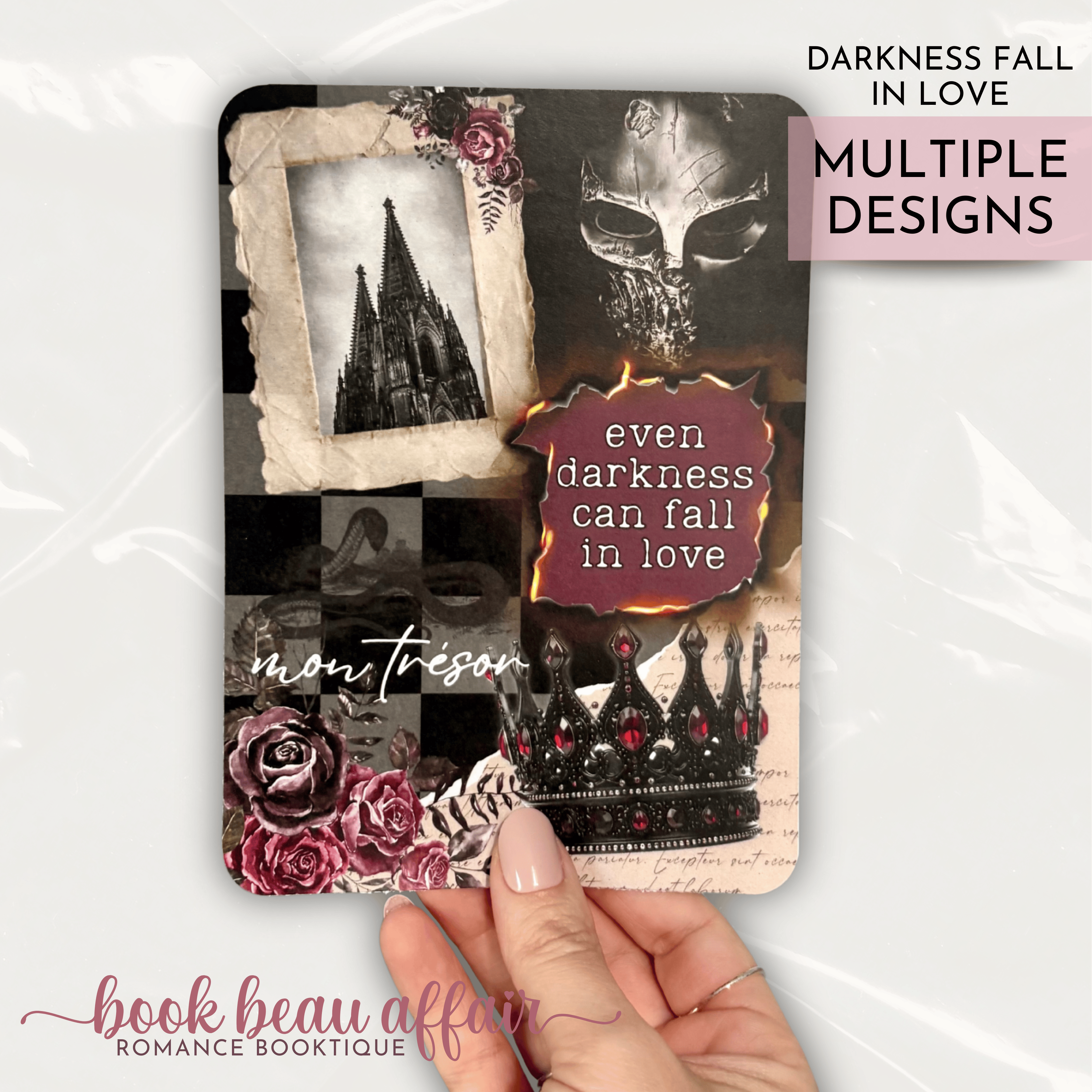 Gothic themed kindle case insert that says 'even darkness can fall in love'