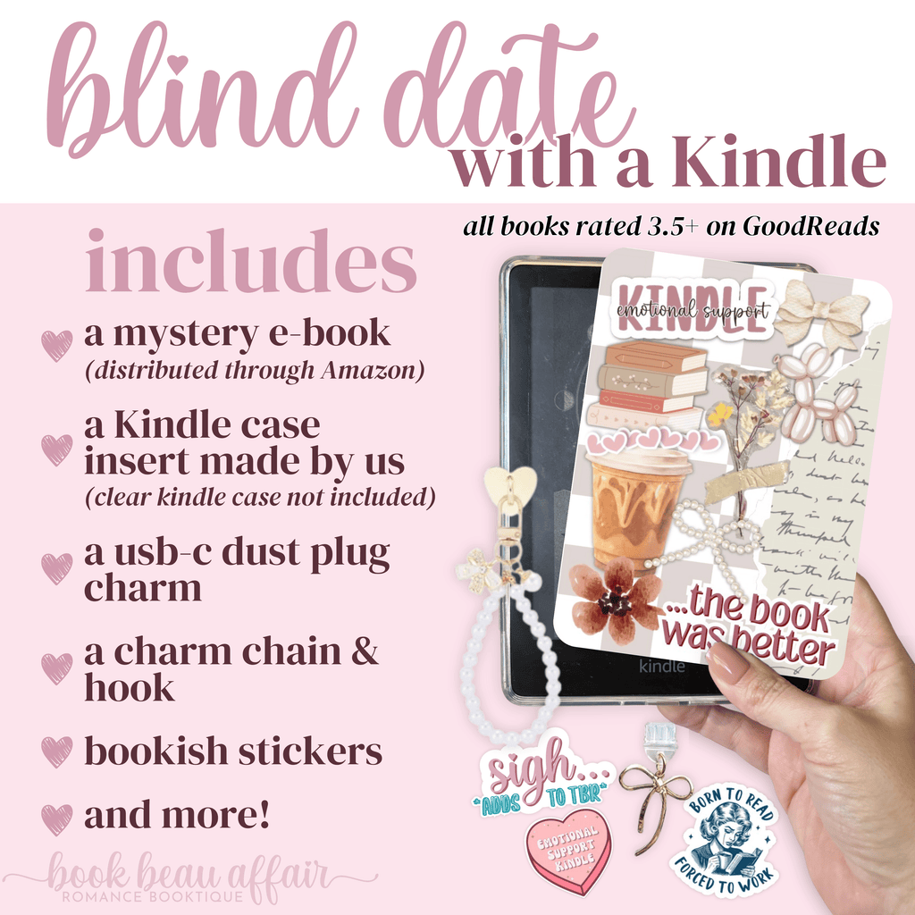 Promotional graphic for 'Blind Date with a Kindle' including a Kindle, case insert, and accessories