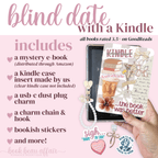 Promotional graphic for 'Blind Date with a Kindle' including a Kindle, case insert, and accessories