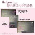 Instructions on how to find your Kindle version with screen shots and text on a pink background.