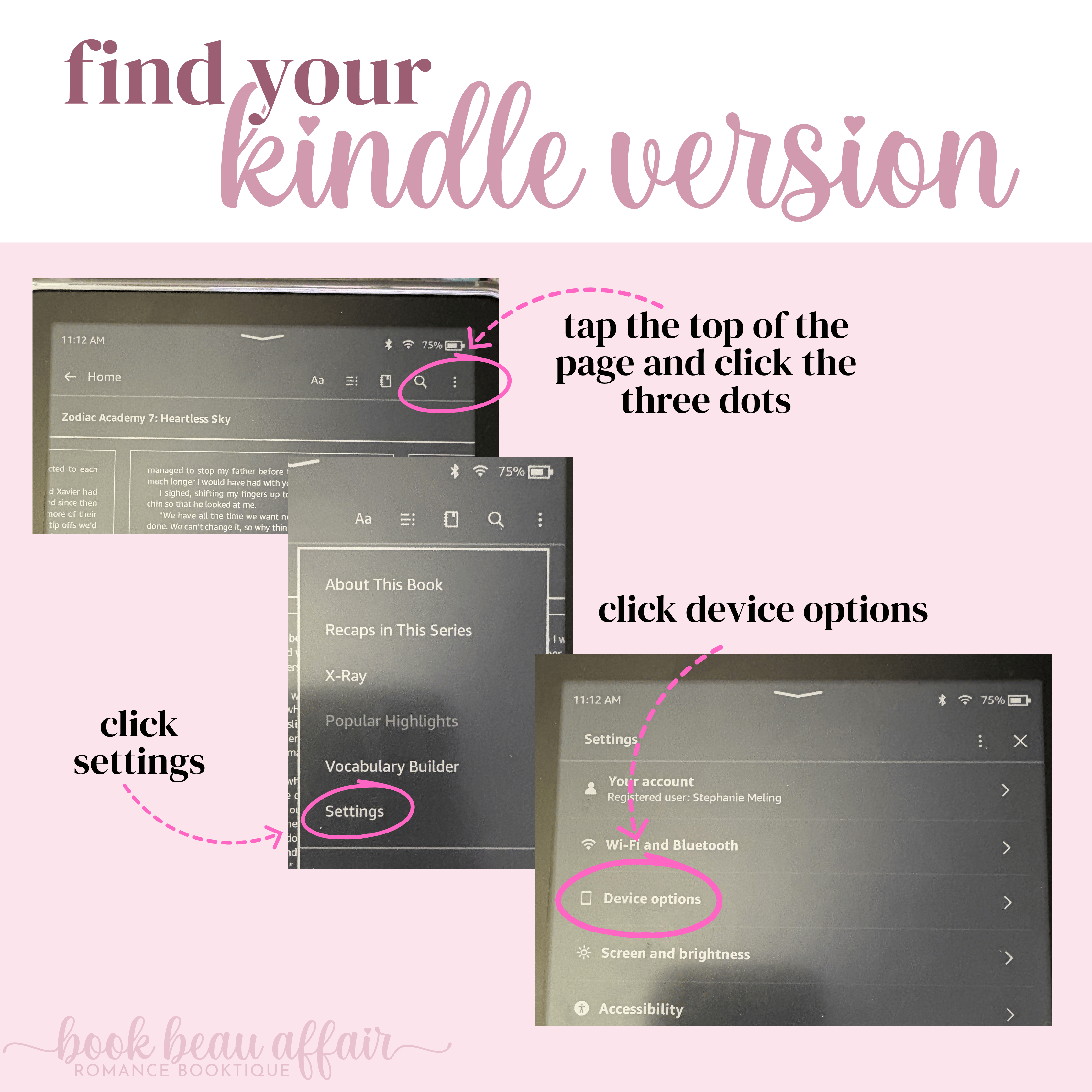 Instructions on how to find your Kindle version with screen shots and text on a pink background.