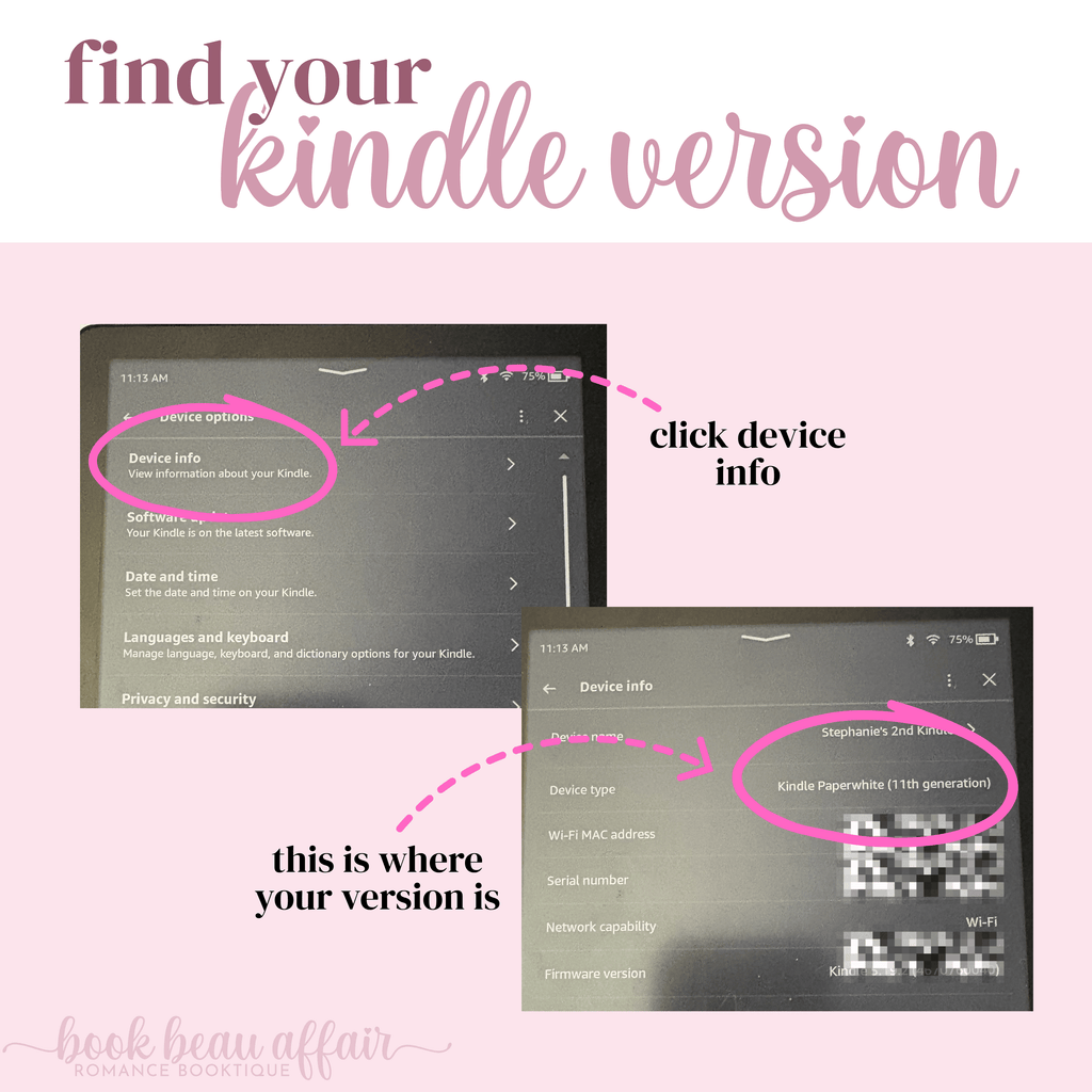 Instructions on how to find your Kindle version with arrows pointing to device info on a screen.
