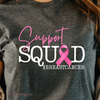 Gray t-shirt with 'Support Squad #BreastCancer' text and pink ribbon graphic
