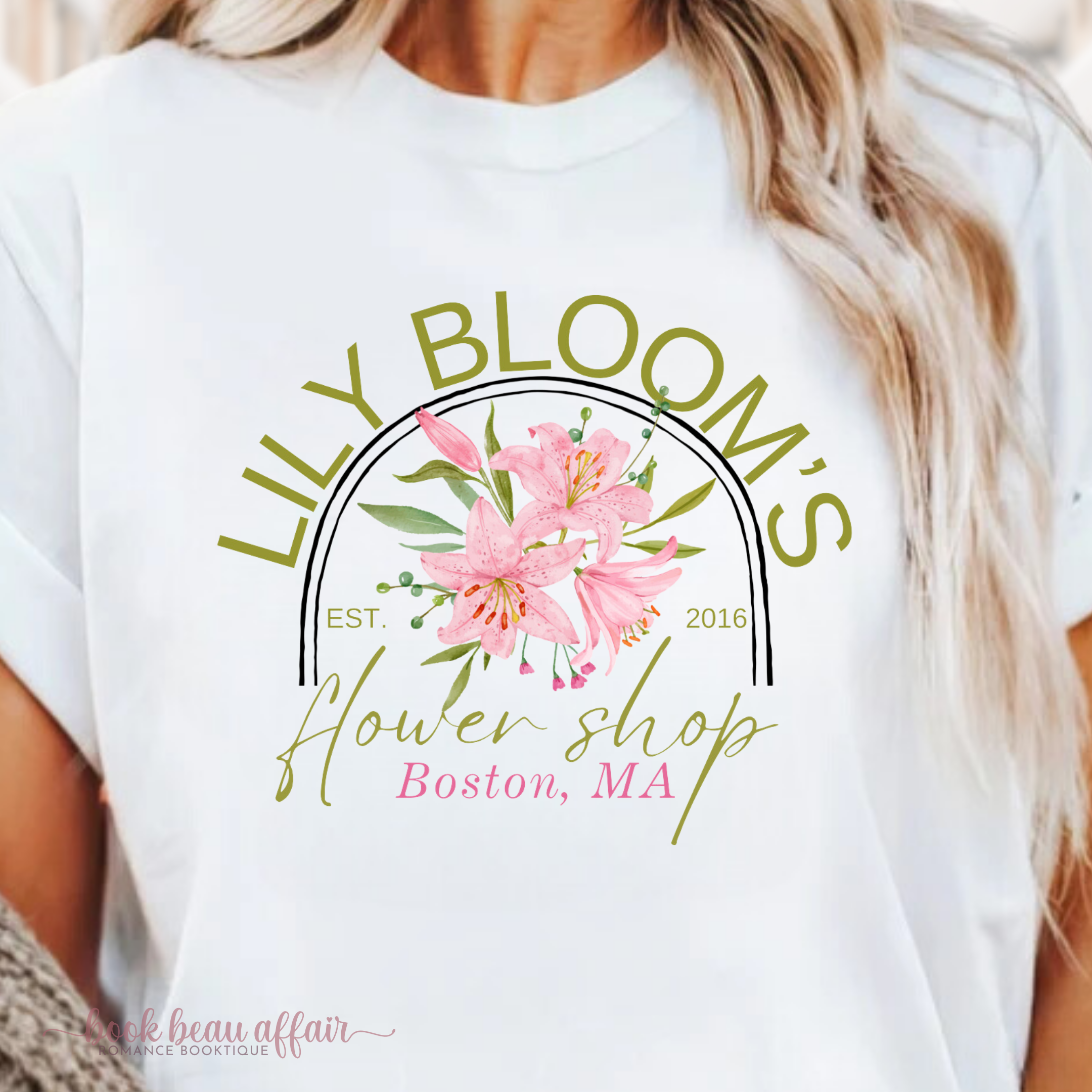 Close up Lily Bloom's Flower Shop, Boston MA, Colleen Hoover It Ends With Us inspired Tee, White shirt