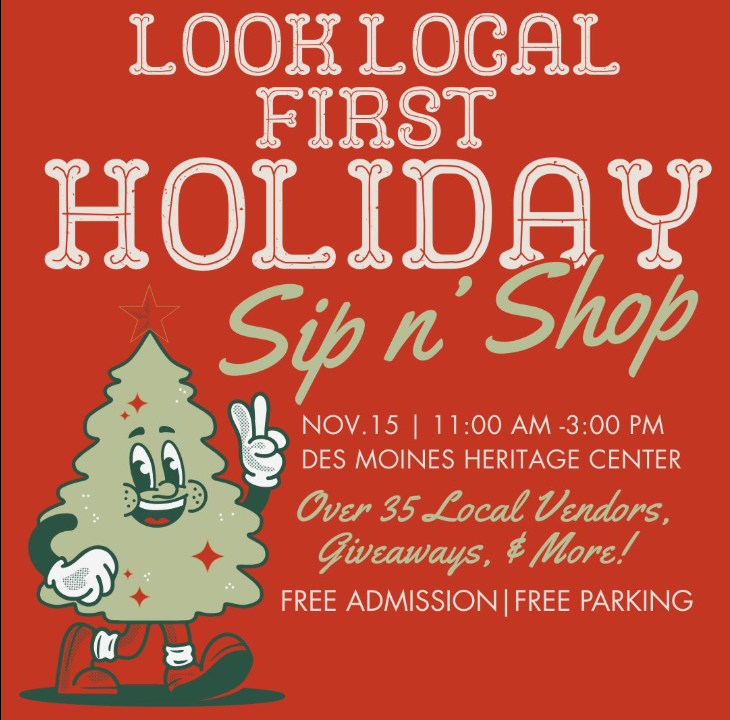 Advertisement for a holiday event with a tree character on a red background November 15 - Holiday Sip n Shop
