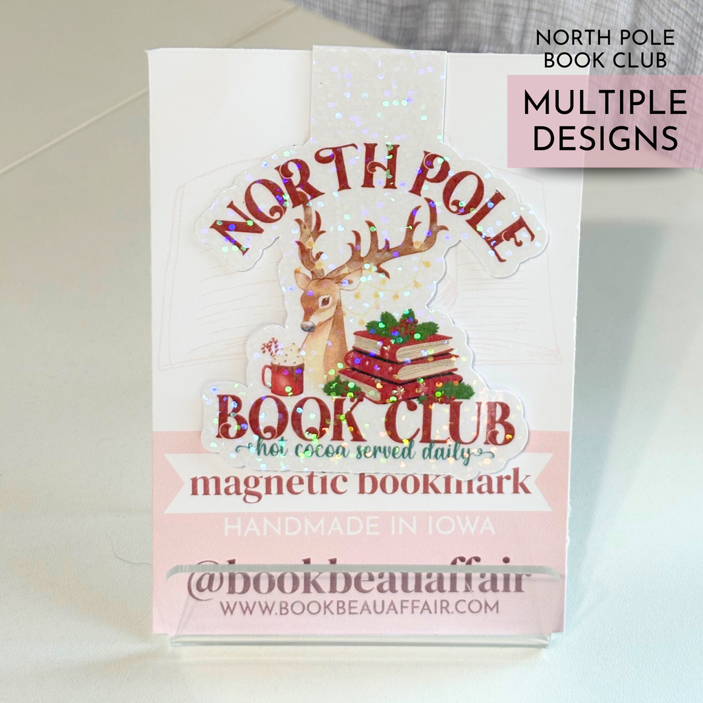 magnetic bookmark. North Pole book club, hot cocoa served daily
