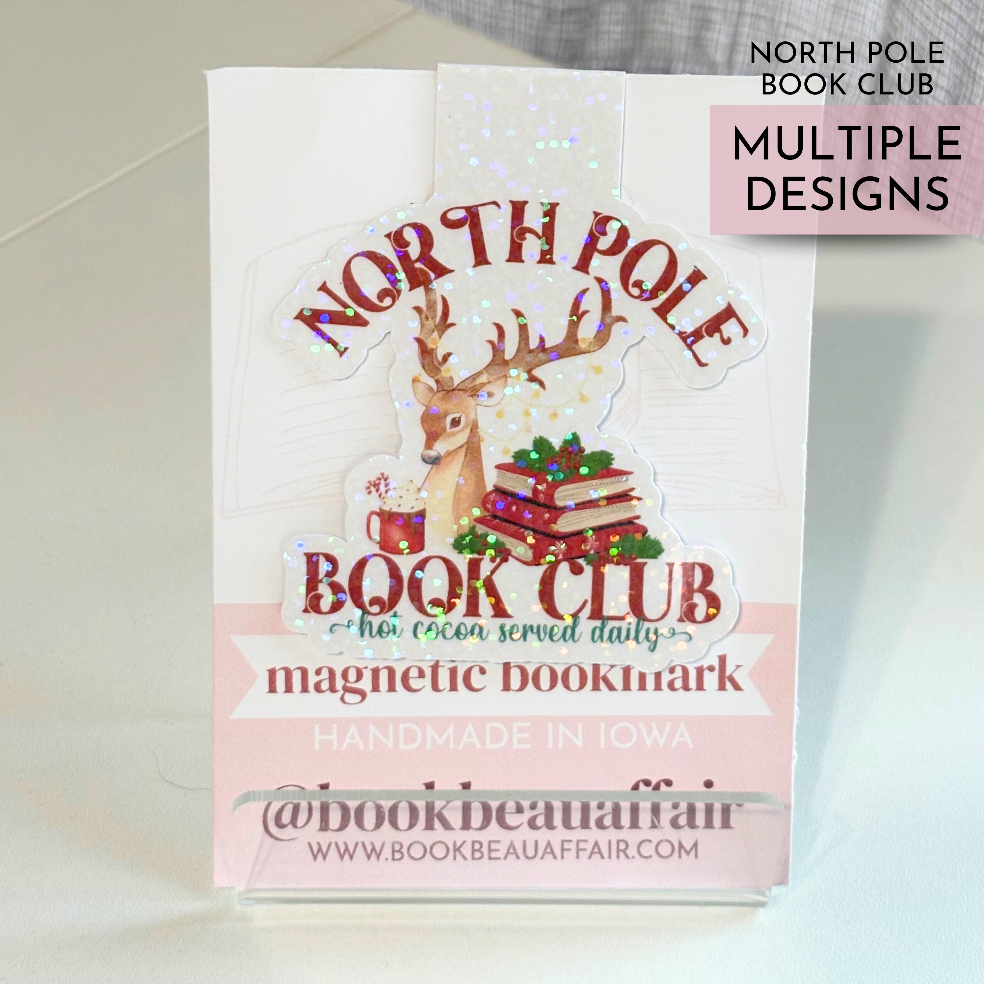 magnetic bookmark. North Pole book club, hot cocoa served daily