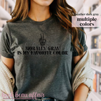 T-shirt with text 'Morally Gray is my favorite color' and a skeleton hand peace sign.