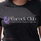 Black t-shirt with 'The Peacock Club' logo and text on a person wearing it. a reference to the Ryan Rule Series by Sadie Kincaid