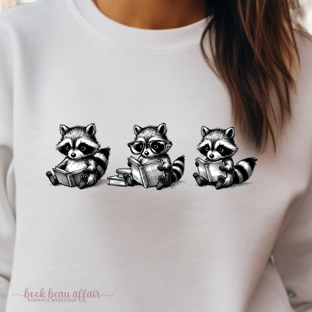 close up Three Cute raccoons reading - Bookish Sweatshirt White crew neck
