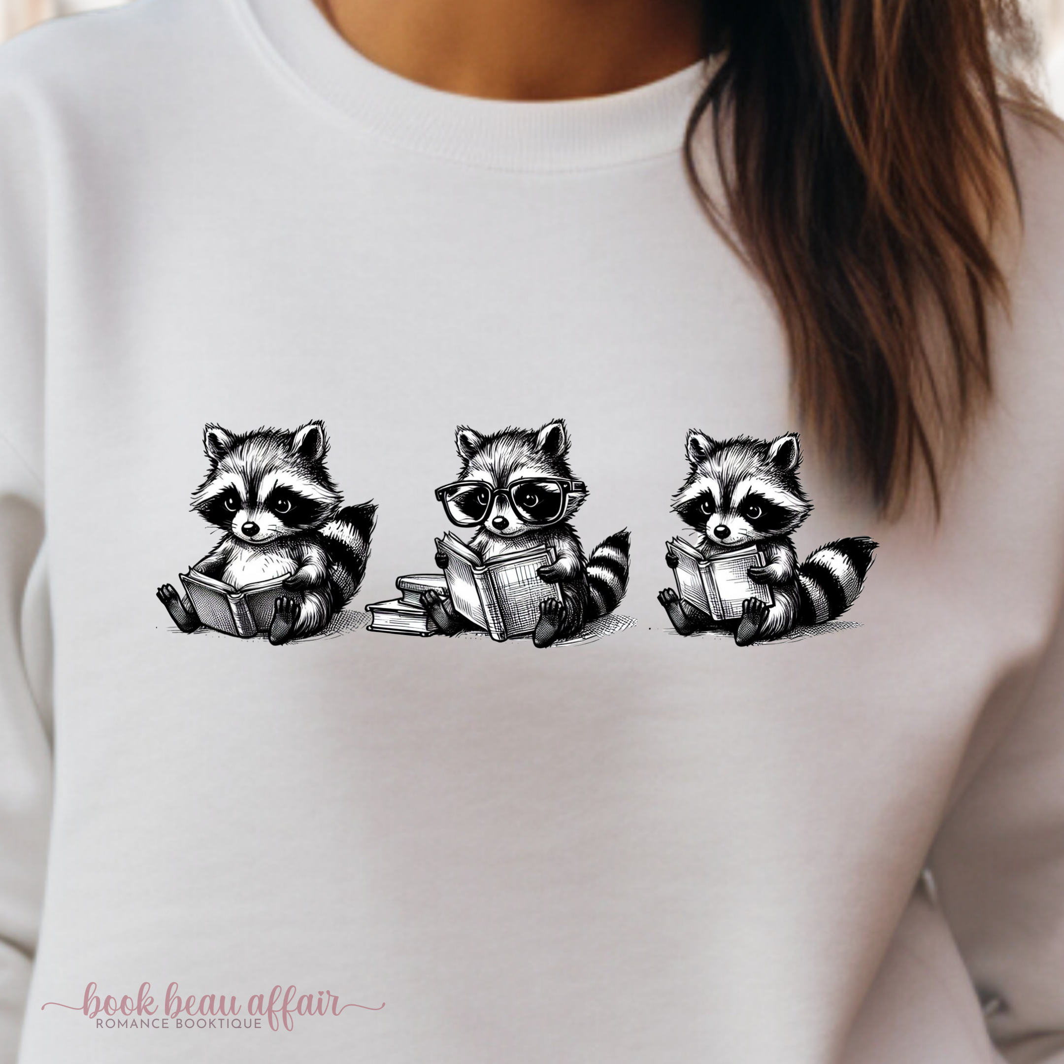 close up Three Cute raccoons reading - Bookish Sweatshirt White crew neck