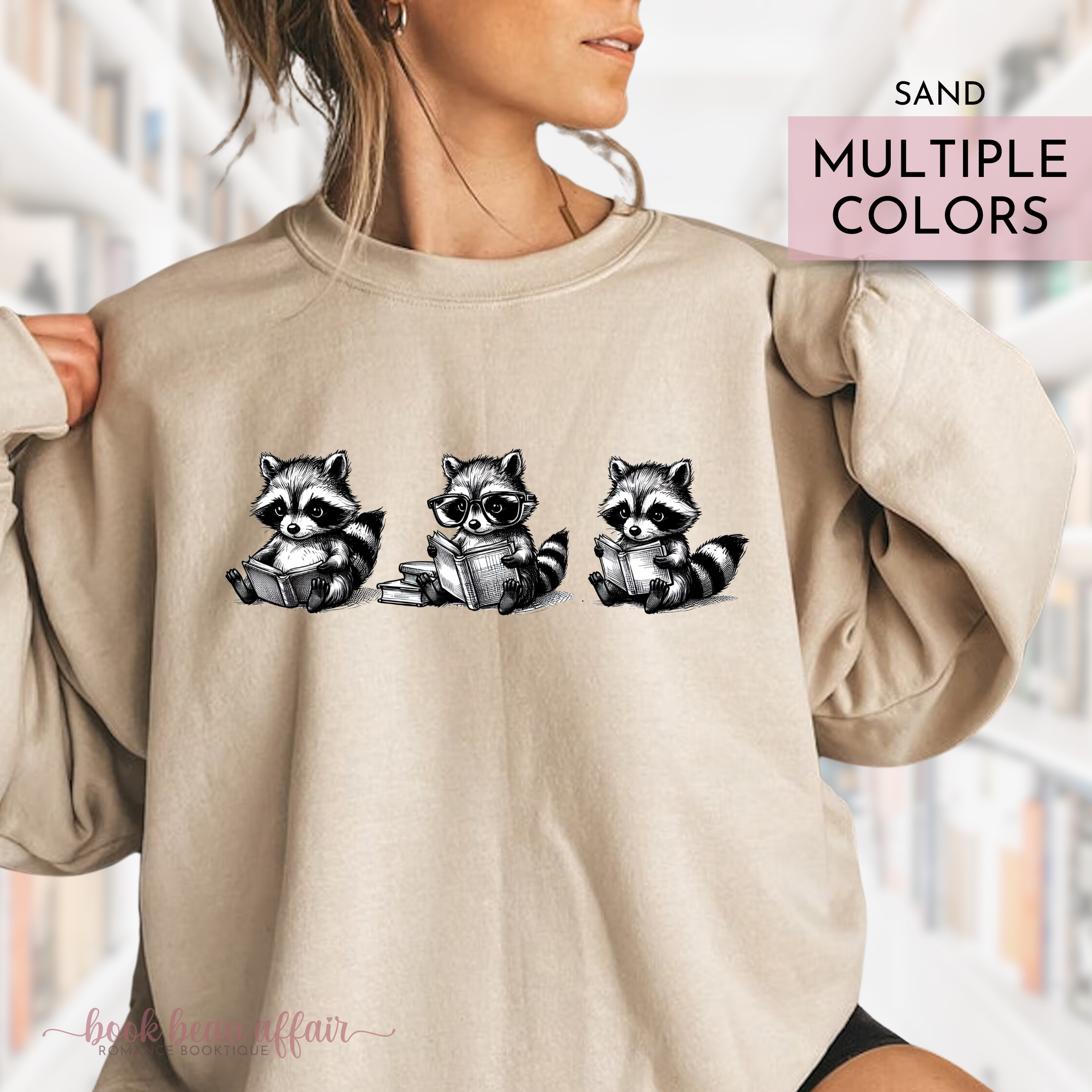 Three Cute raccoons reading - Bookish Sweatshirt Sand Tan Crew Neck trash panda