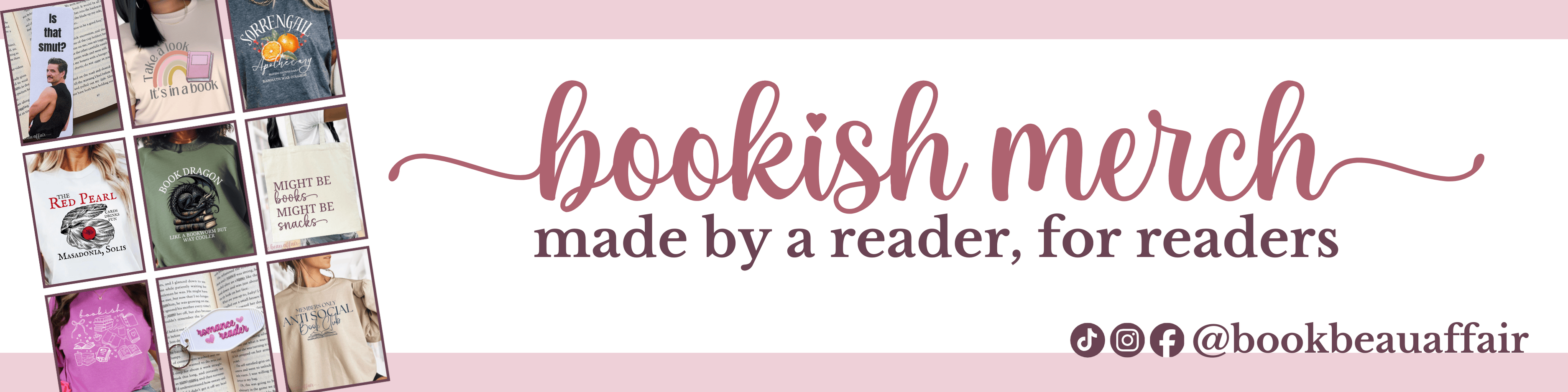 Banner with 'bookish merch' text and images of books and merchandise on a pink background