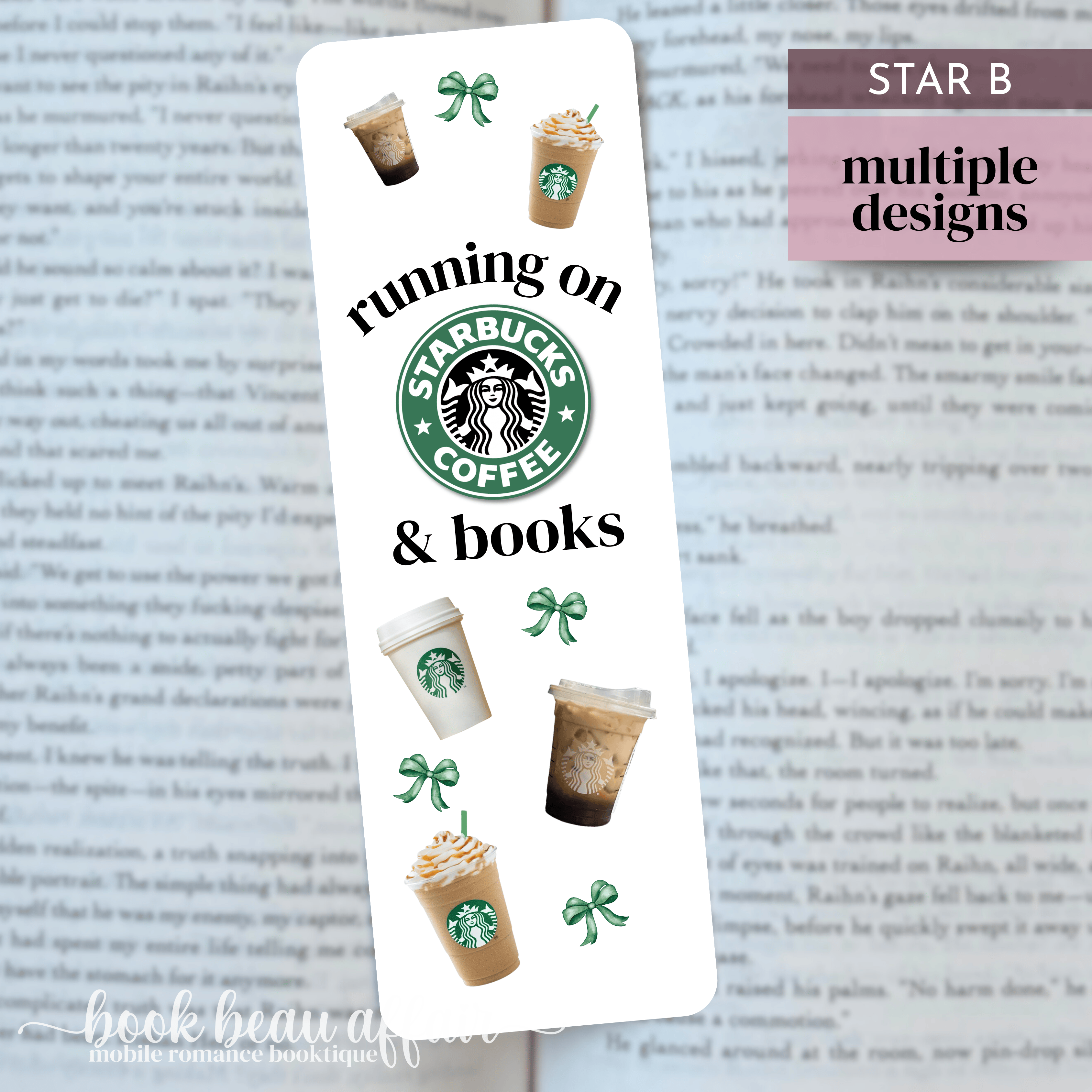 Starbucks bookmark with coffee cup illustrations on a book page