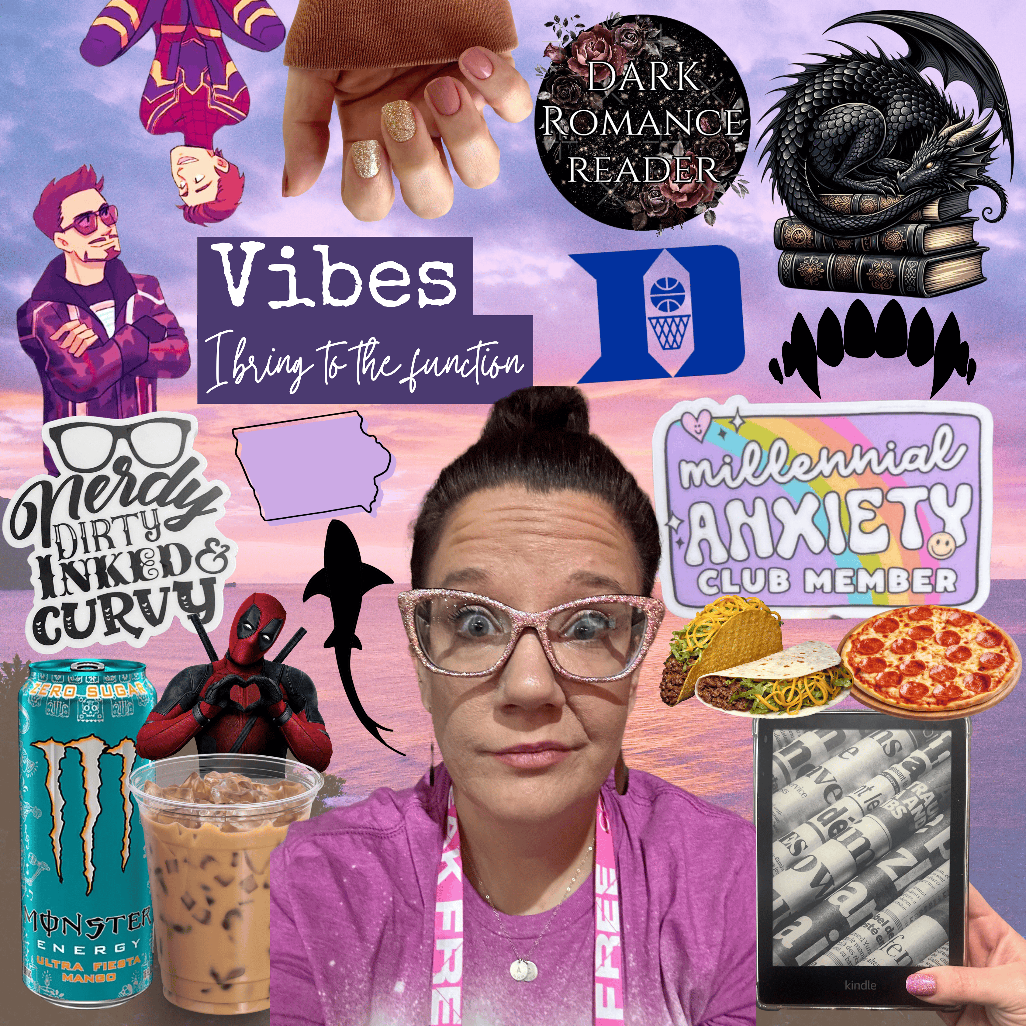 Collage of various icons featuring the owner of book beau affair, Steph. All the things she likes. Iron Man and Spider Man, Iced coffee, monster energy drink, dragons, the state of Iowa 