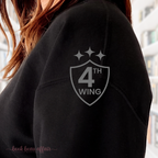 left sleeve of Wingleader, Fourth Wing Shirt, Dragon Rider, Flight Jacket, Xaden Riorson, Black Crewneck Sweatshirt. Violet Sorrengail. Rebecca Yarros