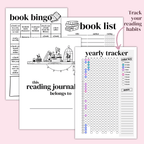 Collection of reading journal pages on a pink background