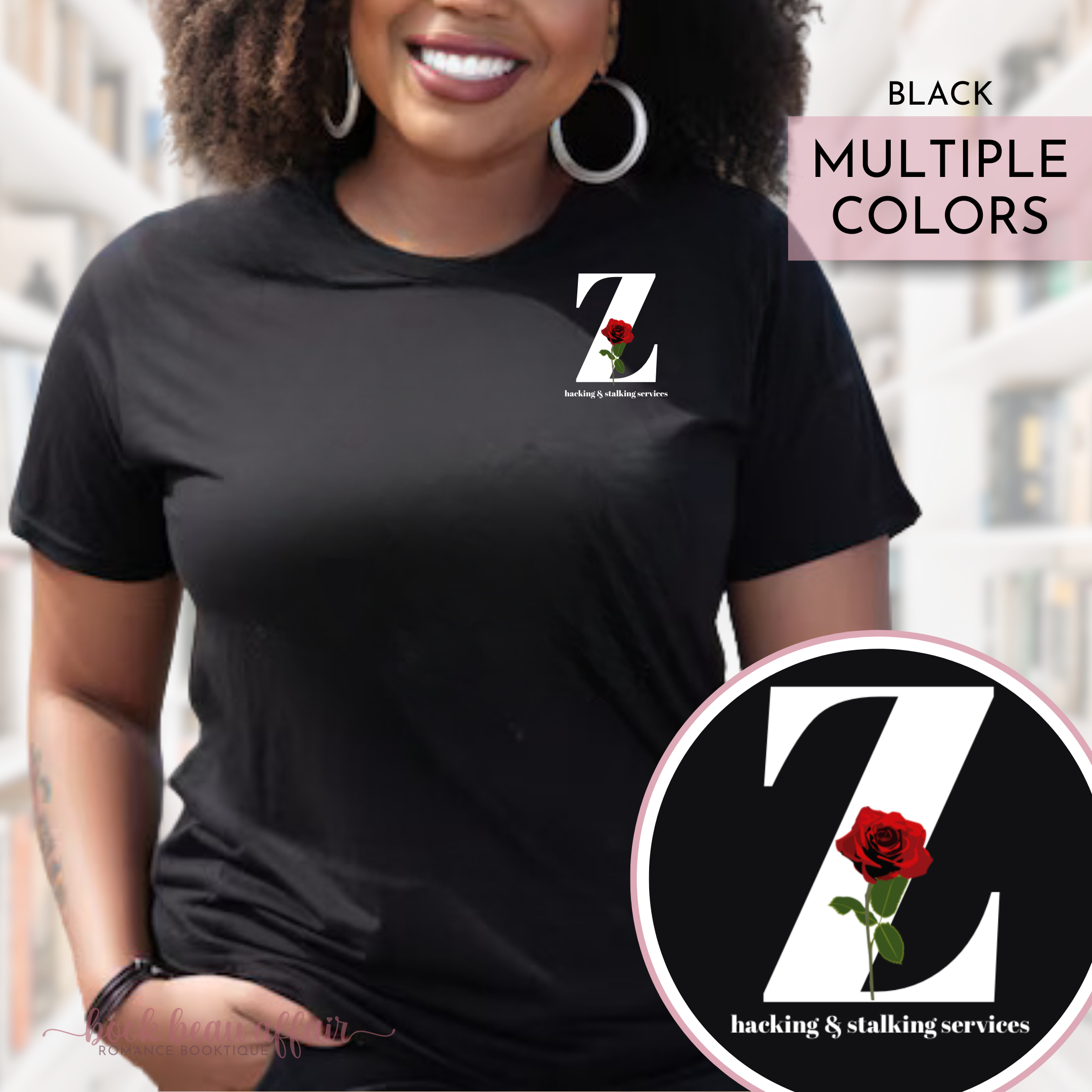 Z Hacking and Stalking Services, Zade Meadows, Haunting Adeline, Bookish Tee, Black