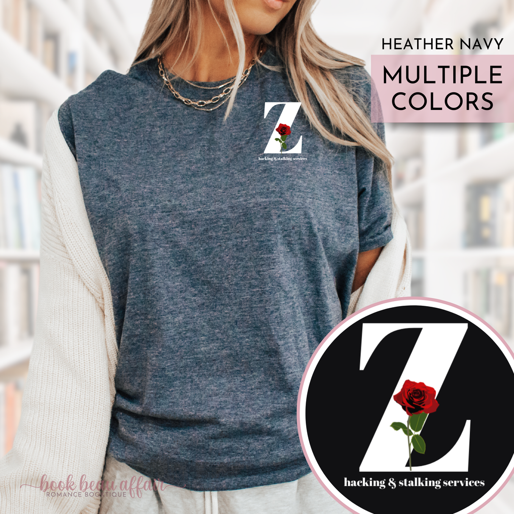 Z Hacking and Stalking Services, Zade Meadows, Haunting Adeline, Bookish Tee, HEATHER NAVY BLUE